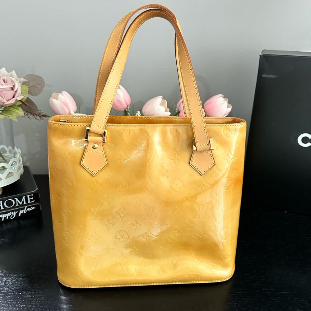 Vintage Louis Vuitton Yellow Vernis Monogram Houston Handbag Bag Purse Tote GUC